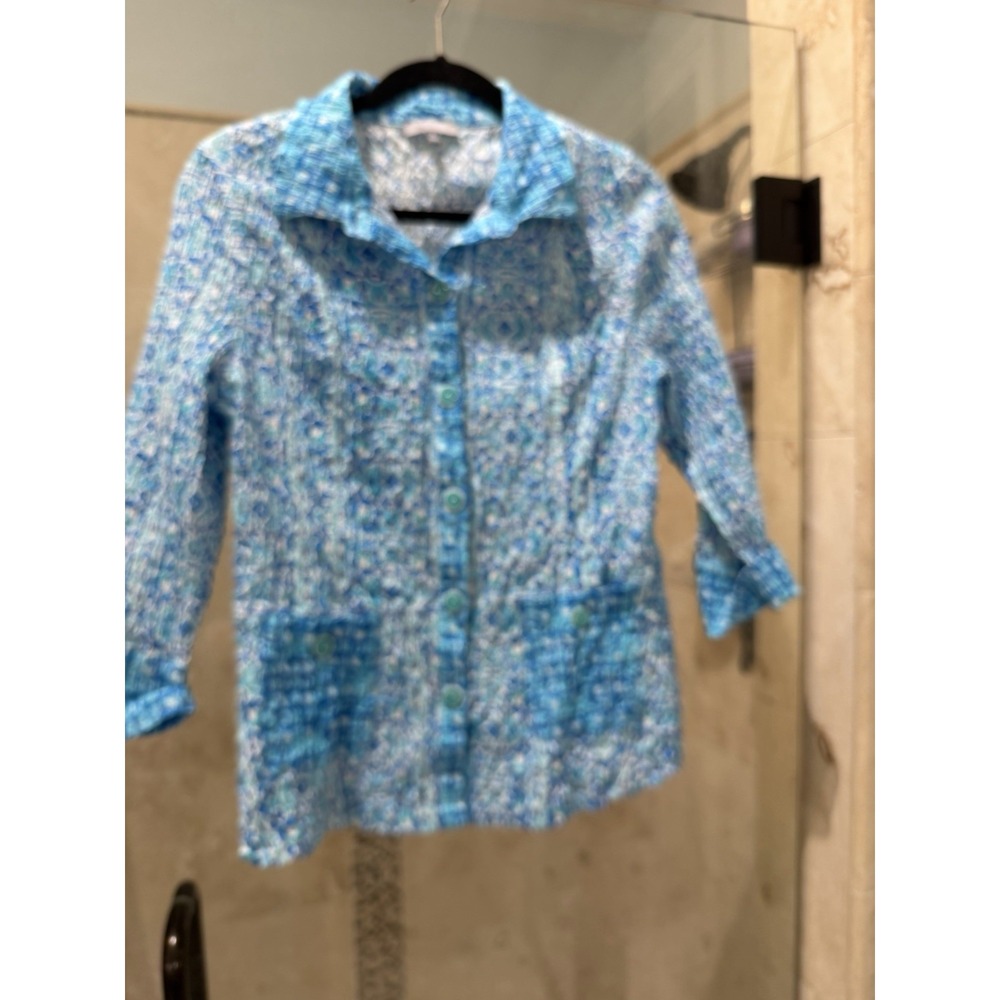 Habitat Clothes To Live In Top Womens M Blue Green Crinkle Cotton Blouse Floral
